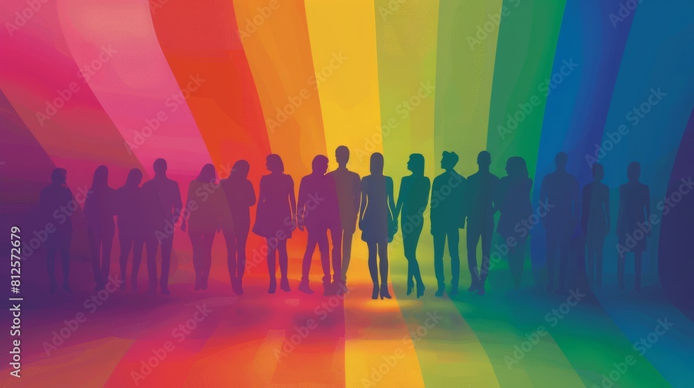 Silhouette of people standing together under a rainbow flag Silhouette of people standing together under a rainbow flag