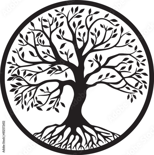 line art nature logo vector design oak tree inside circle, abstract tree logo symbol inside circle

