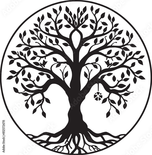line art nature logo vector design oak tree inside circle, abstract tree logo symbol inside circle
