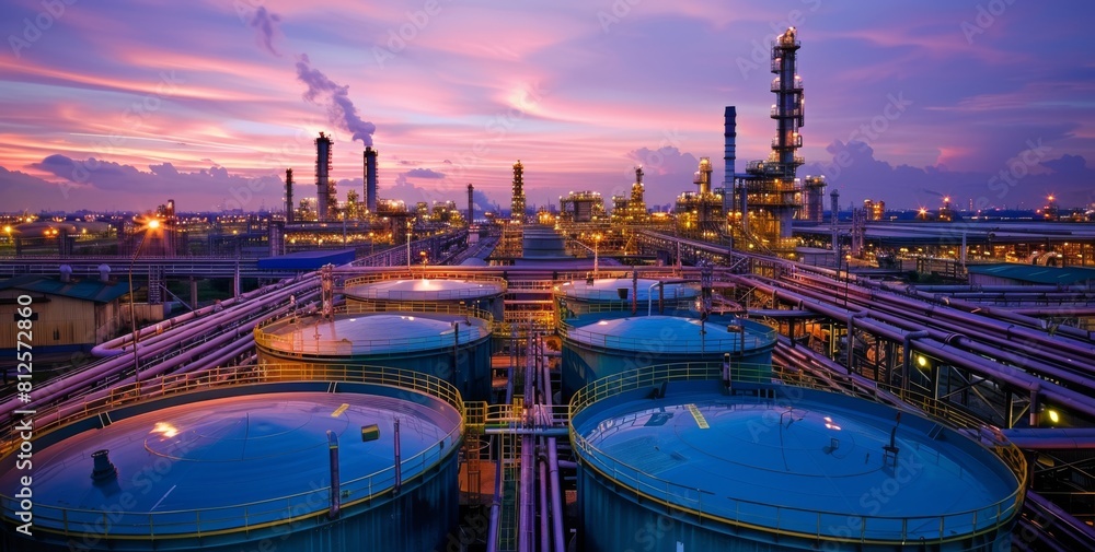 A large industrial area with many tanks and pipes. The sky is orange and the sun is setting A large industrial area with many tanks and pipes. The sky is orange and the sun is setting