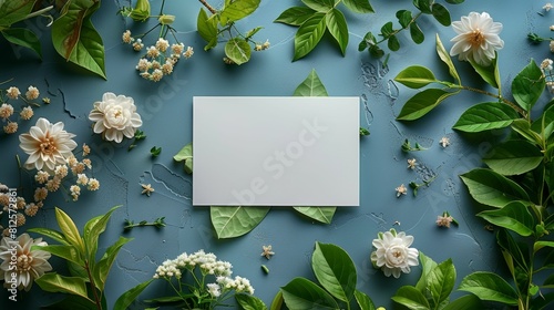 A white card is placed on a blue background with various flowers and leaves