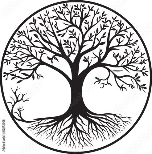 line art nature logo vector design oak tree inside circle, abstract tree logo symbol inside circle
