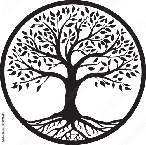 line art nature logo vector design oak tree inside circle, abstract tree logo symbol inside circle
