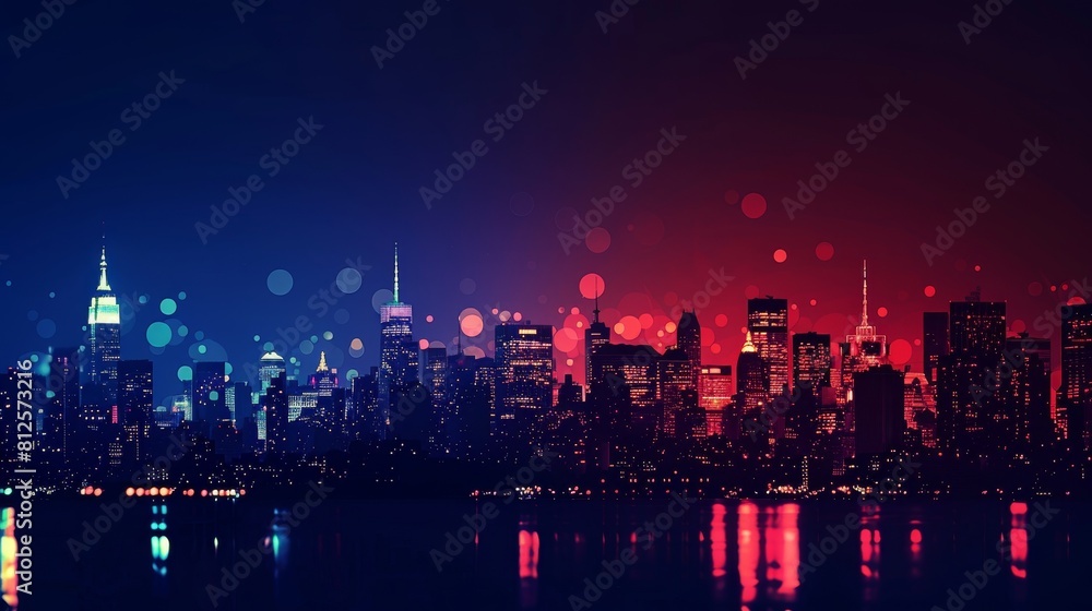 Silhouetted skyline of a city illuminated with red, white, and blue lights