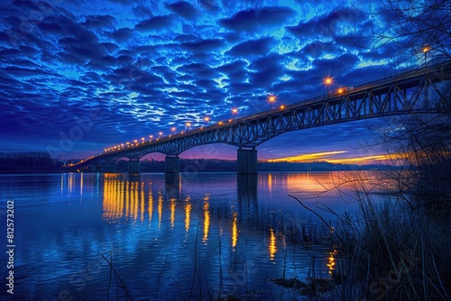 Beauty of Night Lights: Woodrow Wilson Bridge Illuminated in Blue Sky with Clouds photo