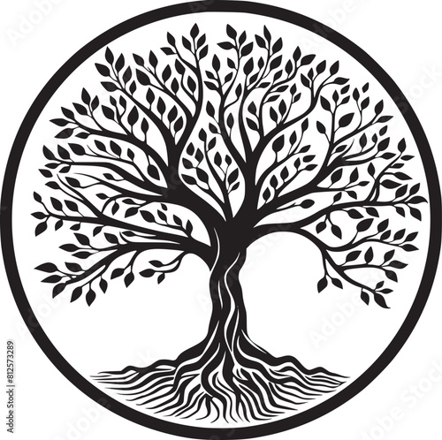 line art nature logo vector design oak tree inside circle, abstract tree logo symbol inside circle

