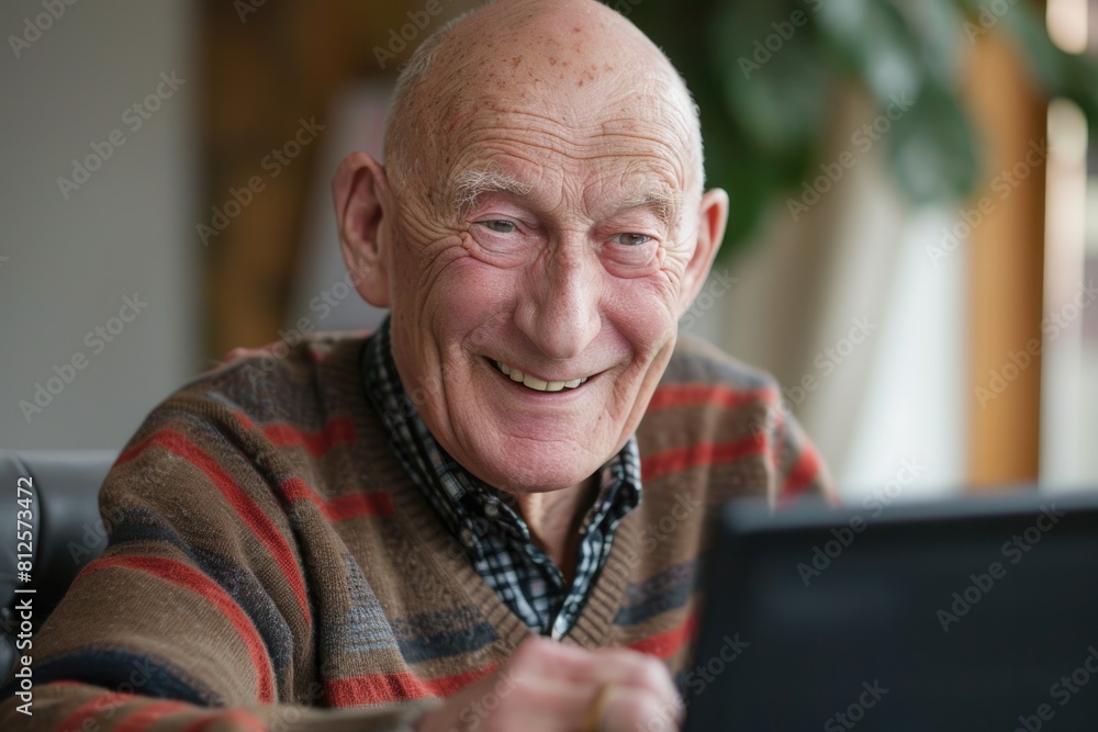 Senior Man Smiling While Navigating Cyberspace on Laptop with Wi-Fi - Bald Senior Character Senior Man Smiling While Navigating Cyberspace on Laptop with Wi-Fi - Bald Senior Character
