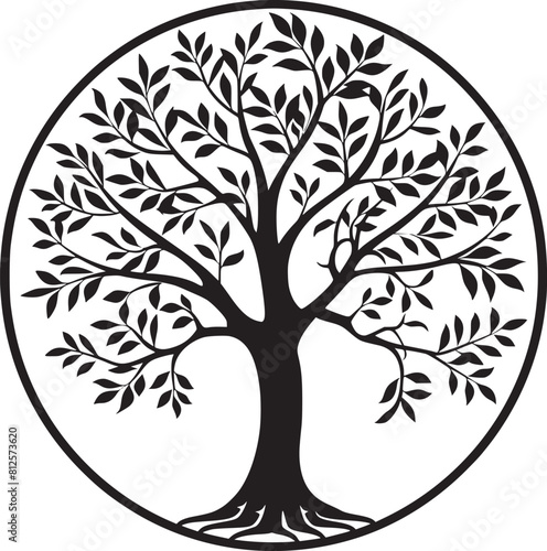 line art nature logo vector design oak tree inside circle, abstract tree logo symbol inside circle
