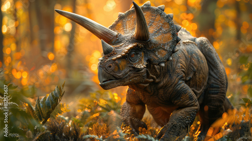 hyper-realistic shot of A Triceratops displaying its impressive array of horns and the distinctive bony frill around its head  standing its ground against a potential threat in a sun-dappled clearing