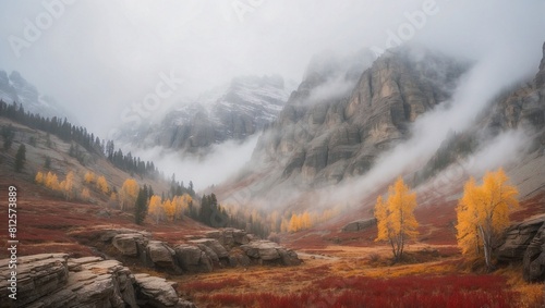 photo of rock mountains in autumn made by AI generative