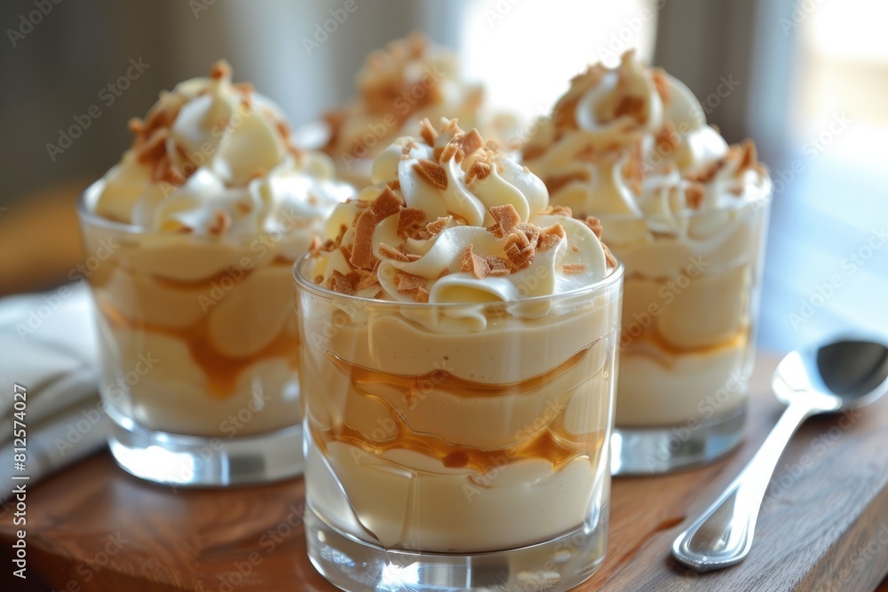 Creamy Butterscotch Pudding Dessert with Chocolate Curls and Whipped Cream Topping - Delicious Creamy Butterscotch Pudding Dessert with Chocolate Curls and Whipped Cream Topping - Delicious