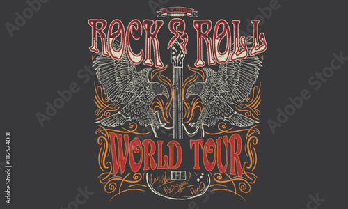 Music festival poster. Music world tour artwork. Wild and free.  Eagle rock and roll. Rock and roll vector t-shirt design. Live forever. 