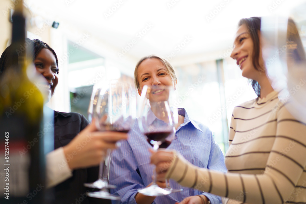 Group of women enjoy testing wine together at the restaurant. Group of women enjoy testing wine together at the restaurant.