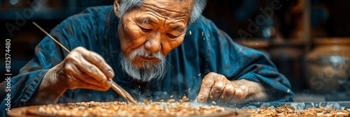 Chinese woodworker carving intricate patterns into bamboo furniture photo