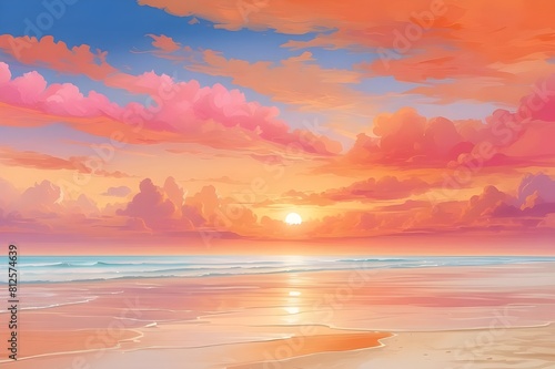 A picturesque beach scene with the sun setting over the horizon, painting the sky in shades of orange and pink.