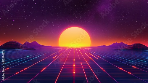 Retro neon design wallpaper with sunset