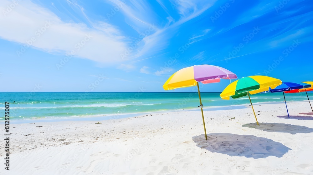Colorful beach umbrellas dotting the sandy shoreline