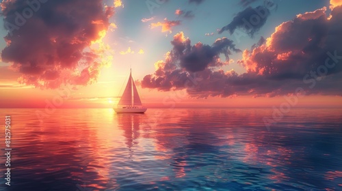Capture the serene beauty of a lone sailboat drifting across a vast, tranquil ocean at sunset in a photorealistic digital painting