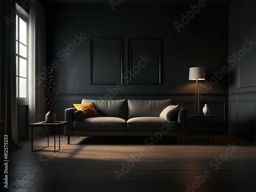  cozy living room with a sofa and lamp in a dark interior setting with a blank black wall. Generative AI