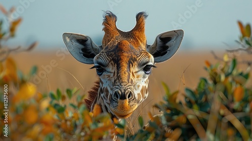 Masai giraffe (Giraffa camelopardalis tippelskirchii) peeks over bushes in savannah, Serengeti National Park; Tanzania Generative AI