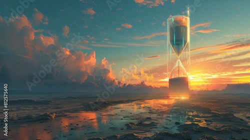 Create a surreal dreamscape where a giant hourglass looms overhead