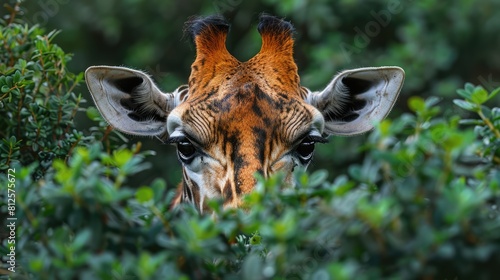 Masai giraffe (Giraffa camelopardalis tippelskirchii) peeks over bushes in savannah, Serengeti National Park; Tanzania Generative AI