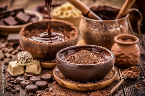 Indulge in a display of assorted chocolates and premium ingredients arranged elegantly on a rustic wooden table.