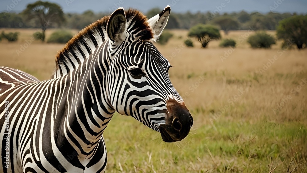 Zebra standing in a field of grass with trees in the background Zebra standing in a field of grass with trees in the background