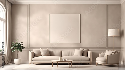 Light beige living room - modern interior hall and furniture design. Mockup for art - ivory taupe empty texture plaster microcement wall. Luxury premium nude accent lounge reception. 3d render 