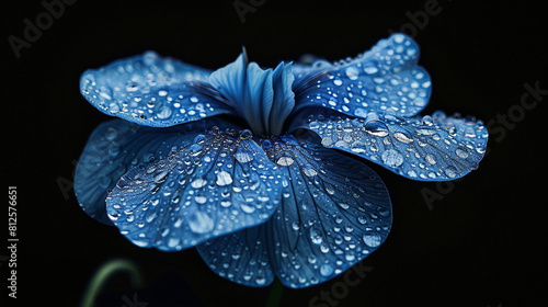 Stunning close-up of a delicate blue flower with water droplets on its petals against a dark background, conveying a sense of fragility and beauty in nature.