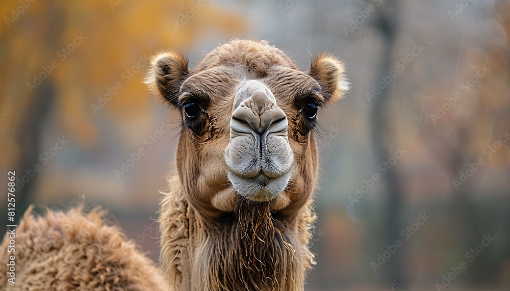 Obraz premium Portrait of a camel in the autumn park. Close-up.