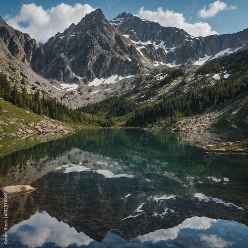 A picturesque mountain lake with reflections of the surrounding peaks  adorned with images of missing children  symbolizing the search for closure. 