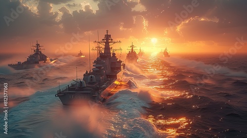 fighting ships in sea with sun set view 