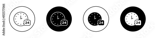 Time twenty four icon set. 24h, 24hrs, 24 hours vector symbol. same day delivery sign. 24hrs support service icon. full day open symbol in black filled and outlined style. photo