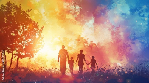 A family of four is walking through a field of flowers. The sky is a mix of colors  and the sun is shining brightly