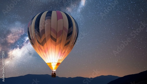 stunningly colorful hot air balloon gracefully floating against the backdrop of a starry night sky. The intricate details of the balloon's design against the dark canvas of the night, background
