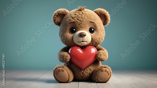 A teddy bear holding a heart on a wooden floor photo