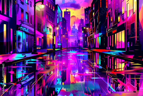 art painting of a colorful city at night with buildings reflected in the water