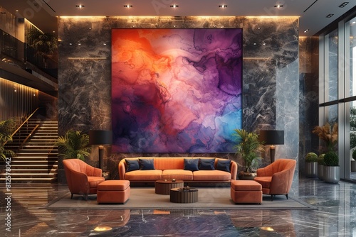 modern interior design of hotel lobby with big vertical abstract painting on wall, marble floor and staircase, sofa with armchair near to it, luxury home decor, wide angle shot,