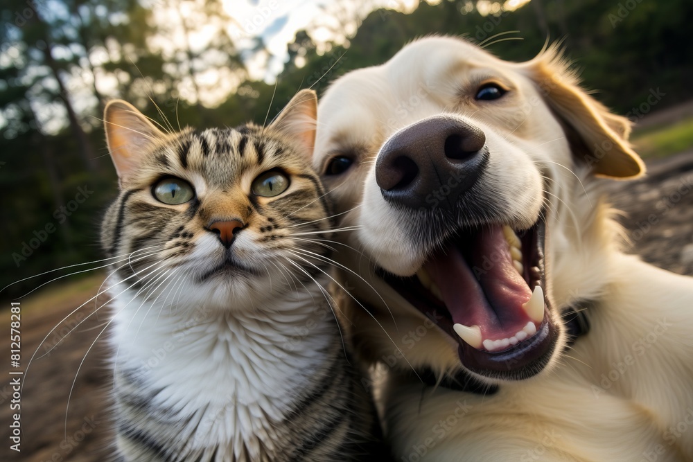 Cheerful comical dog with a cat take a selfie on camera
