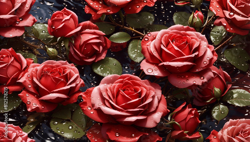 Water drops on a beautiful colorful rose flowers gardens background design wallpaper
