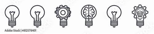 Set of lightbulb icons with gears, brain and code