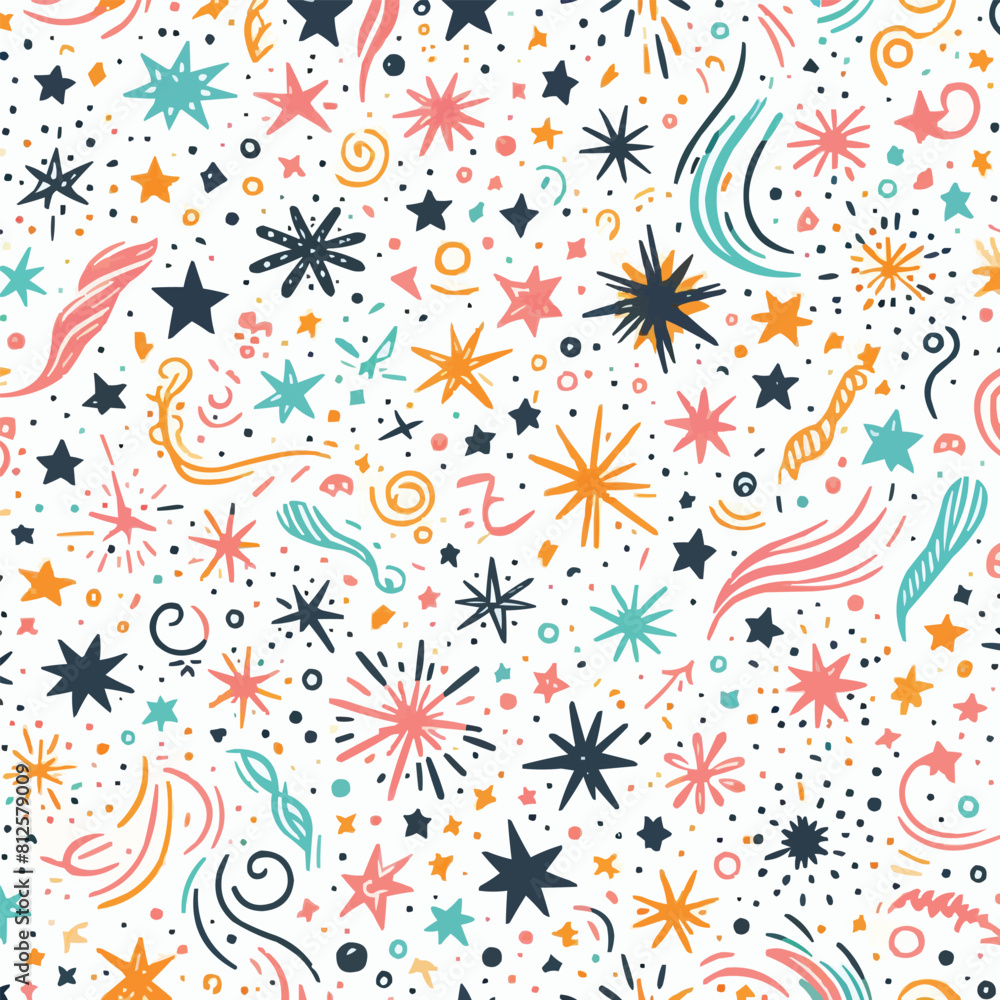 Hand-drawn simple sprinkle seamless pattern. Bright color confetti, stars on white background. Vector Illustration for holiday, party, birthday, invitation