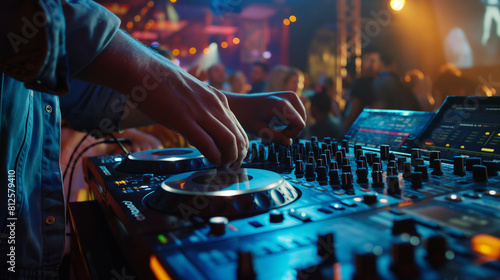 Against the backdrop of a bustling club scene, a DJ works their magic on a professional controller, seamlessly blending tracks and keeping the crowd moving, while a camera captures