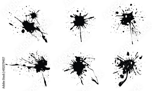 Set of black grunge ink brush splashes
