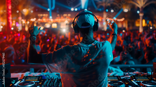 With skillful precision and boundless creativity, a DJ captivates the crowd with an electrifying mix on a professional controller, while a camera captures the vibrant colors and pu photo