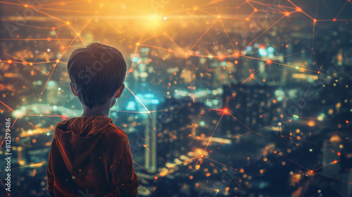 In a world illuminated by the glow of futuristic technology, a child observes with fascination as glowing lines and dots intertwine to form a complex network, offering a glimpse in photo