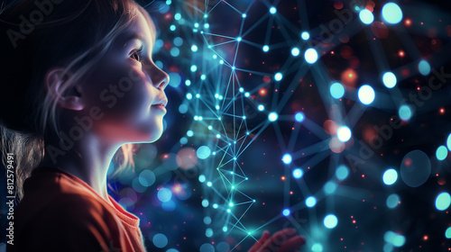 With a sense of wonderment, a child beholds a mesmerizing display of glowing lines and dots, symbolizing the intricate connectivity and technological advancements that will shape t