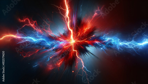 赤と青の雷. バーサス背景. Red and blue lightning. Versus background. AI generated.