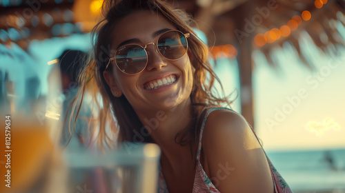 Close-up: Amidst the rhythmic sound of crashing waves, a young woman in sunglasses sits at the beach bar, her smile bright and cheerful as she immerses herself in the coastal ambia photo